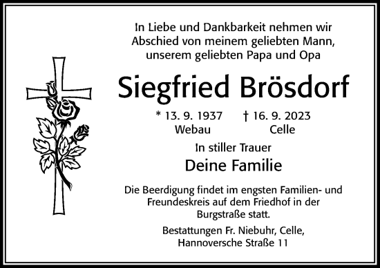 Traueranzeige von Siegfried Brösdorf von Cellesche Zeitung