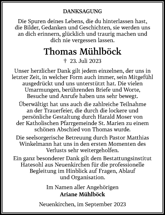 Traueranzeige von Thomas Mühlböck von Cellesche Zeitung