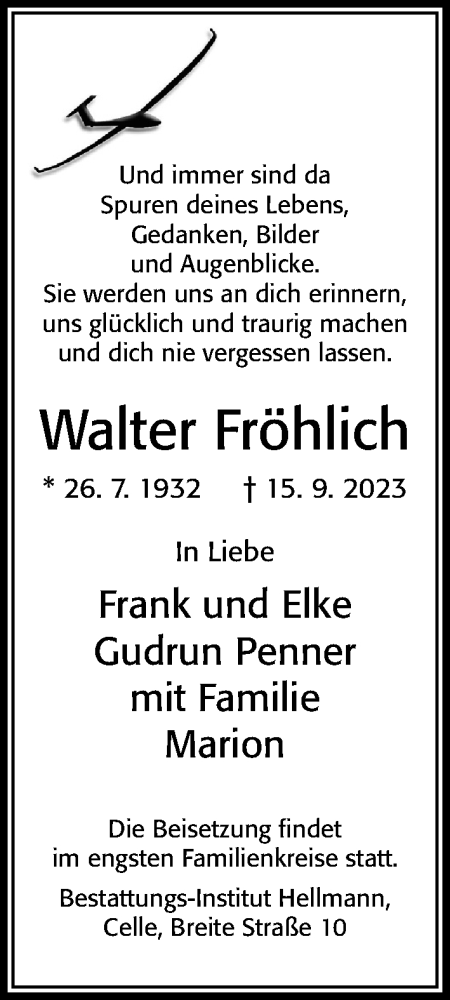 Traueranzeige von Walter Fröhlich von Cellesche Zeitung