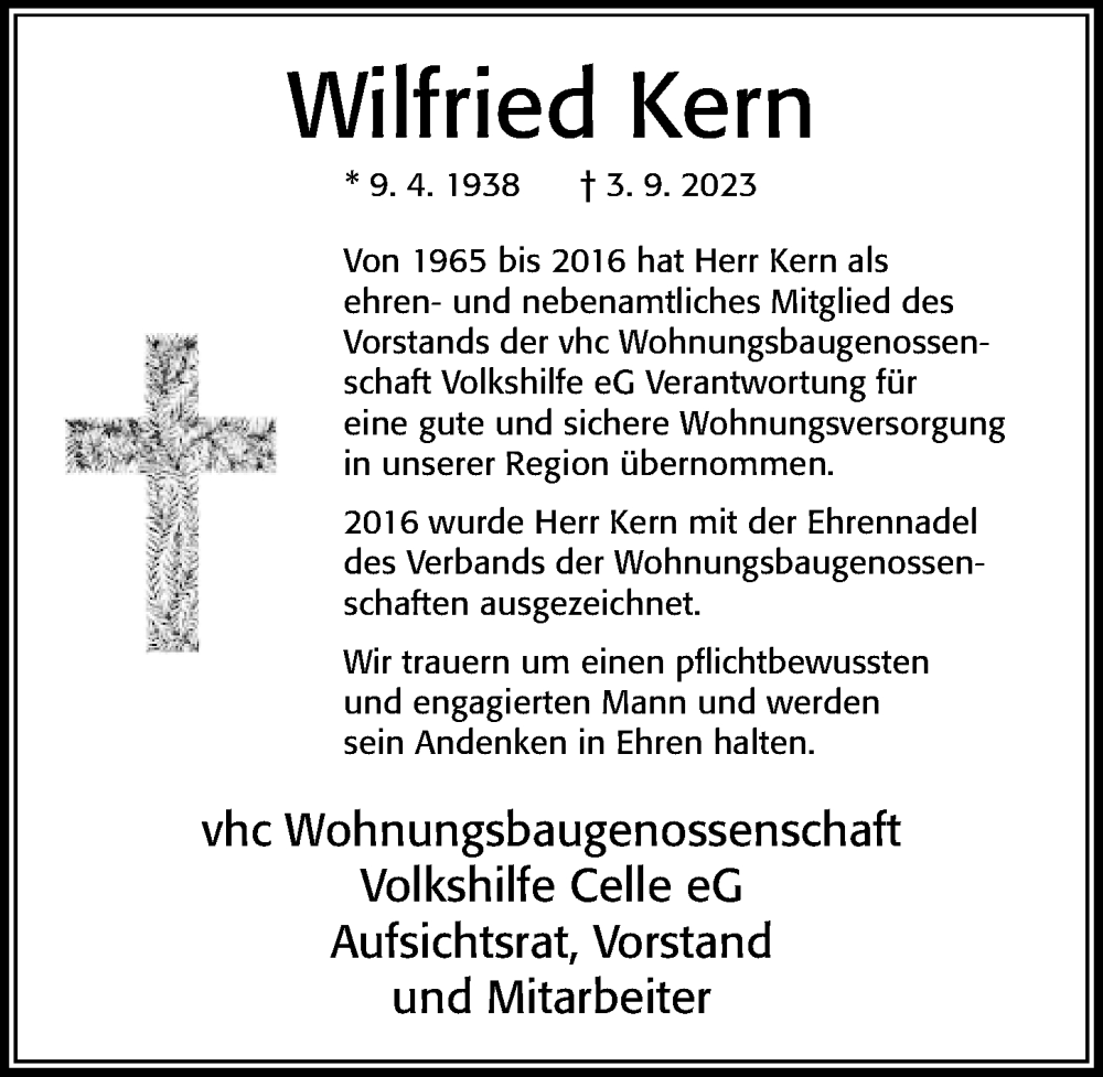  Traueranzeige für Wilfried Kern vom 16.09.2023 aus Cellesche Zeitung