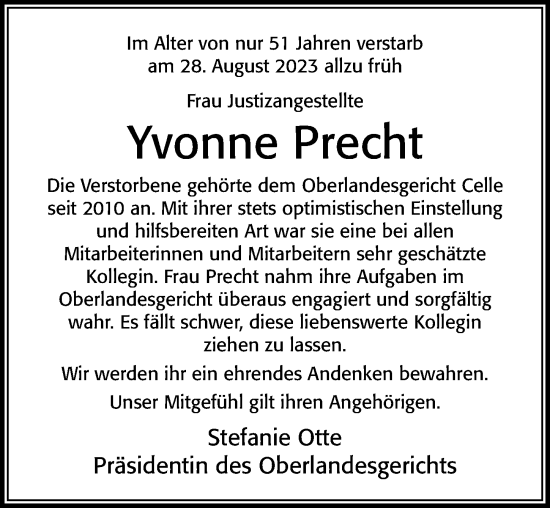 Traueranzeige von Yvonne Precht von Cellesche Zeitung