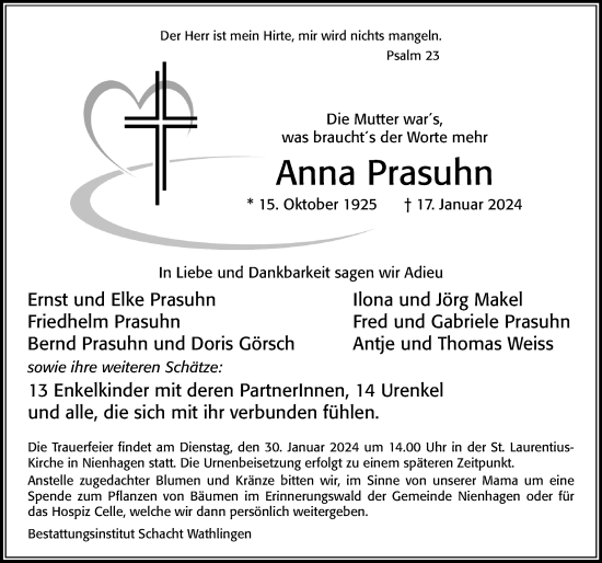 Traueranzeige von Anna Prasuhn von Cellesche Zeitung