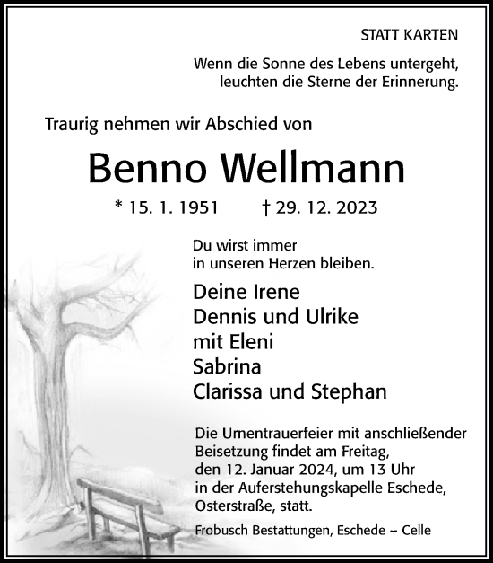 Traueranzeige von Benno Weltmann von Cellesche Zeitung