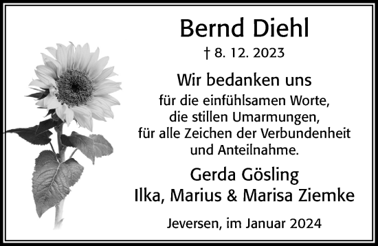 Traueranzeige von Bernd Diehl von Cellesche Zeitung