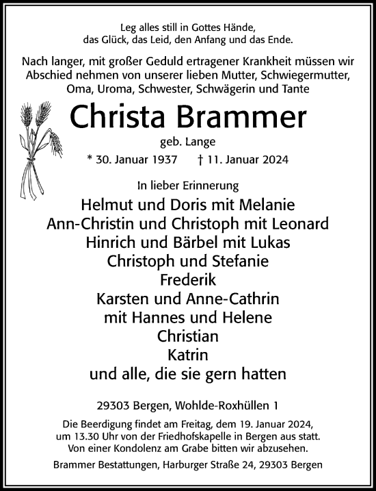 Traueranzeige von Christa Brammer von Cellesche Zeitung