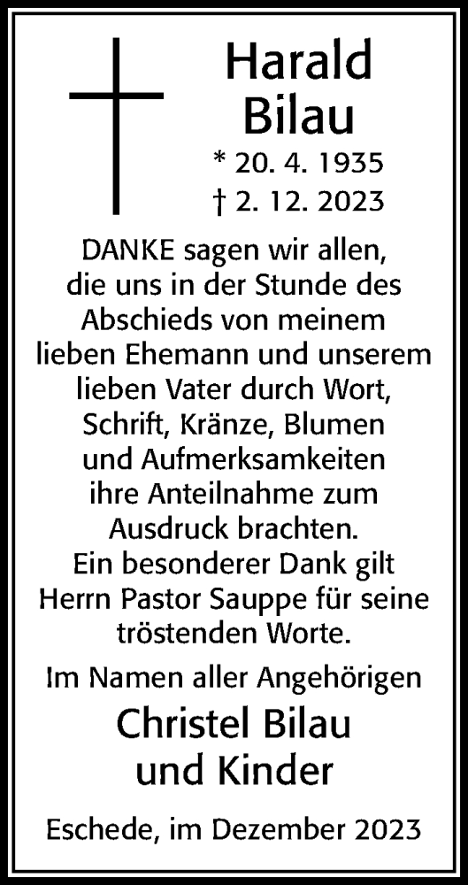 Traueranzeige von Christel Bilau von Cellesche Zeitung
