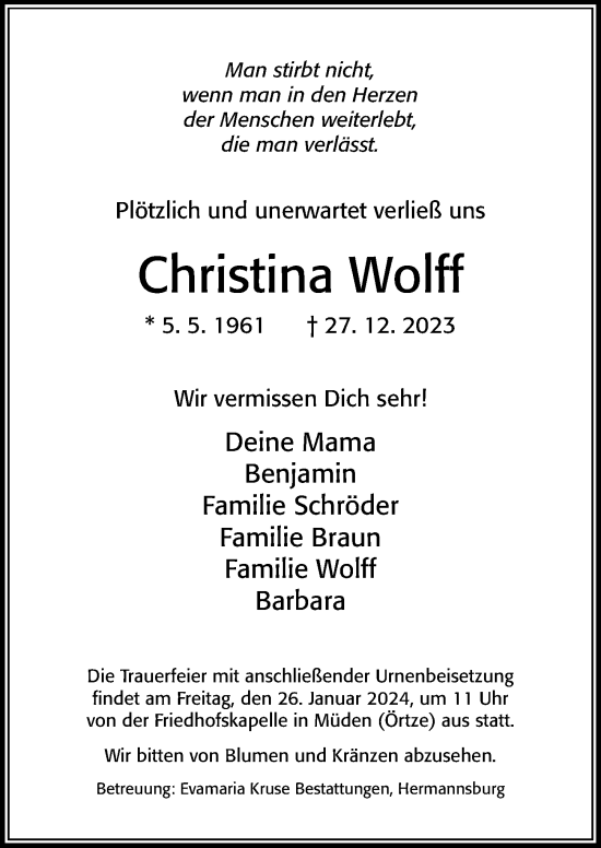 Traueranzeige von Christina Wolff von Cellesche Zeitung