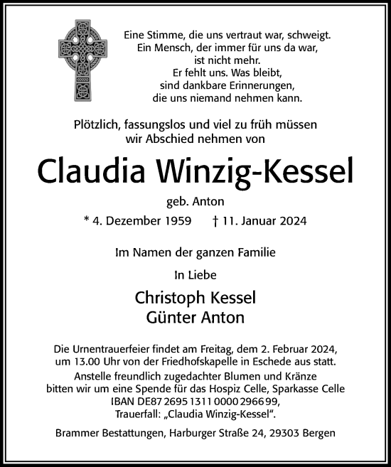 Traueranzeige von Claudia Winzig-Kessel von Cellesche Zeitung