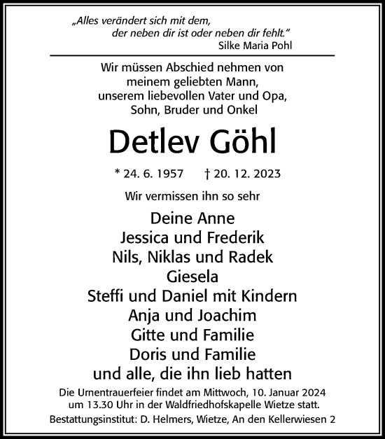 Traueranzeige von Detlev Göhl von Cellesche Zeitung