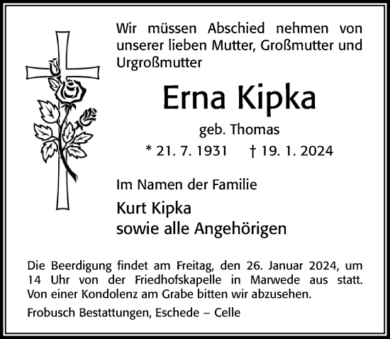 Traueranzeige von Erna Kipka von Cellesche Zeitung