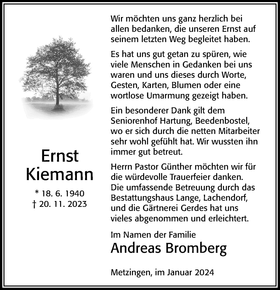  Traueranzeige für Ernst Kiemann vom 06.01.2024 aus Cellesche Zeitung