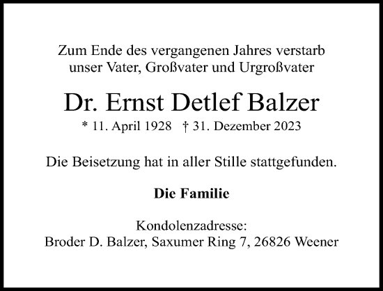 Traueranzeige von Ernst Detlef Balzer von Cellesche Zeitung