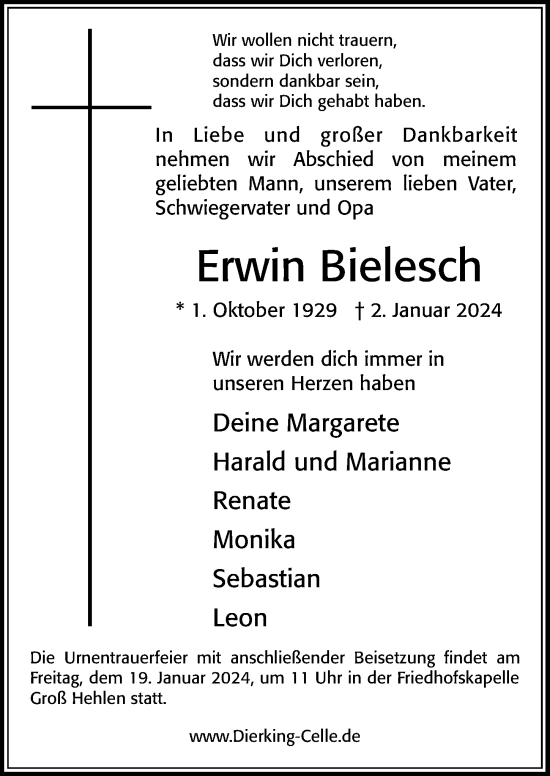 Traueranzeige von Erwin Bielesch von Cellesche Zeitung