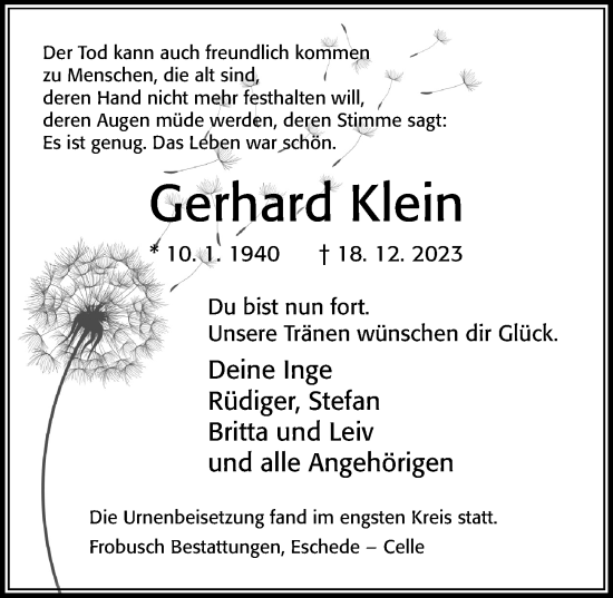 Traueranzeige von Gerhard Klein von Cellesche Zeitung