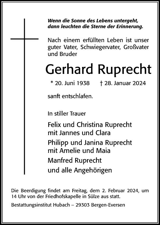 Traueranzeige von Gerhard Ruprecht von Cellesche Zeitung