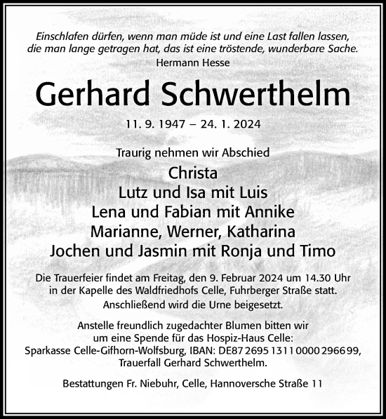Traueranzeige von Gerhard Schwerthelm von Cellesche Zeitung