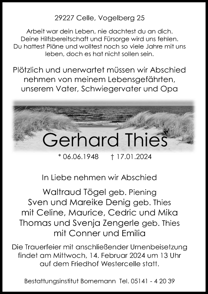  Traueranzeige für Gerhard Thies vom 27.01.2024 aus Cellesche Zeitung
