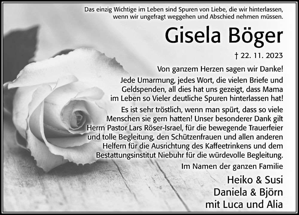  Traueranzeige für Gisela Böger vom 06.01.2024 aus Cellesche Zeitung