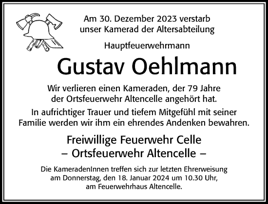 Traueranzeige von Gustav Oehlmann von Cellesche Zeitung