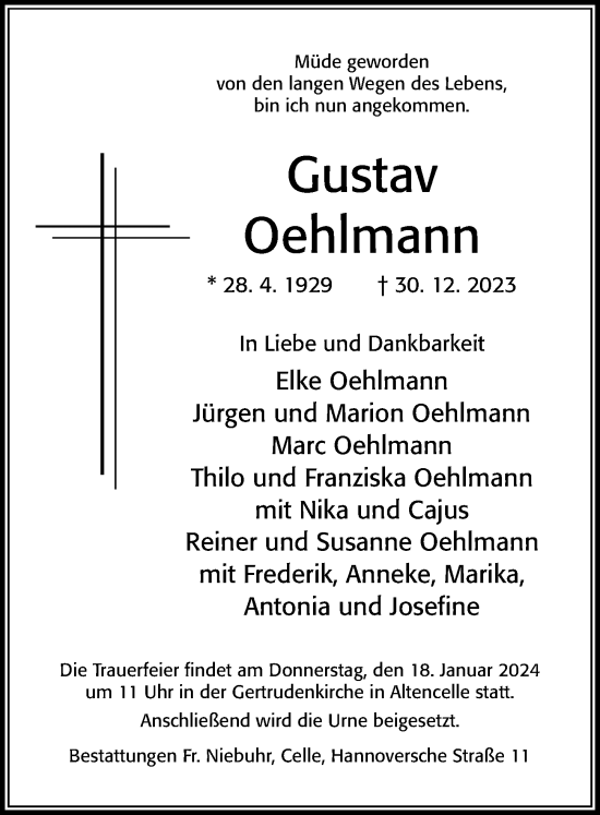 Traueranzeige von Gustav Oehlmann von Cellesche Zeitung