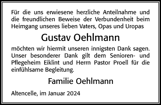 Traueranzeige von Gustav Oehlmann von Cellesche Zeitung