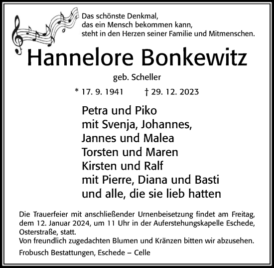 Traueranzeige von Hannelore Bonkewitz von Cellesche Zeitung