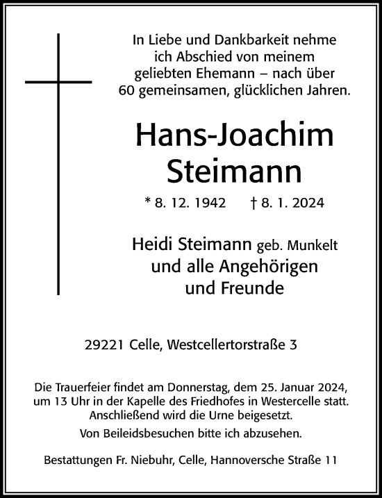 Traueranzeige von Hans-Joachim Steimann von Cellesche Zeitung