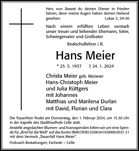 Traueranzeige von Hans Meier von Cellesche Zeitung