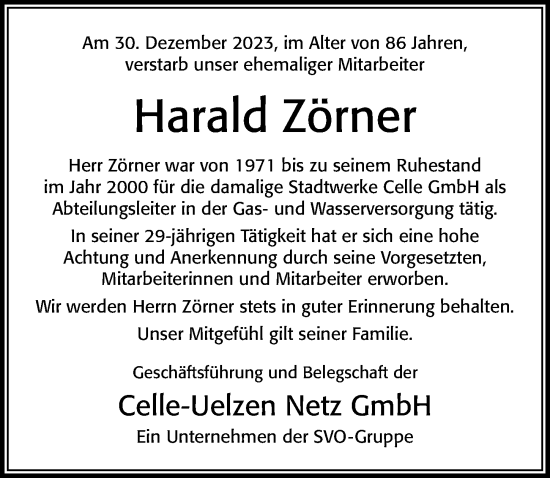 Traueranzeige von Harald Zörner von Cellesche Zeitung