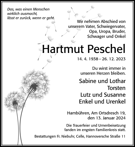 Traueranzeige von Hartmut Peschel von Cellesche Zeitung