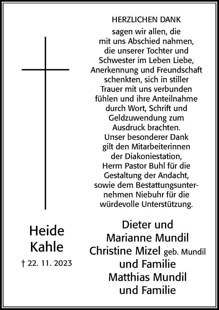  Traueranzeige für Heide Kahle vom 06.01.2024 aus Cellesche Zeitung