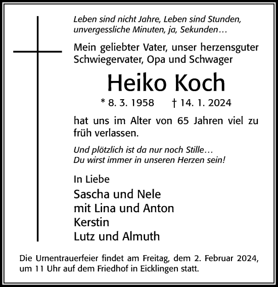 Traueranzeige von Heiko Koch von Cellesche Zeitung