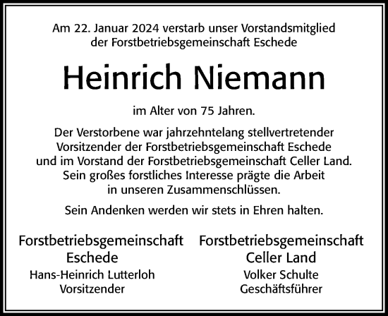 Traueranzeige von Heinrich Niemann von Cellesche Zeitung