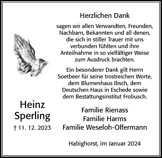 Traueranzeige von Heinz Sperling von Cellesche Zeitung