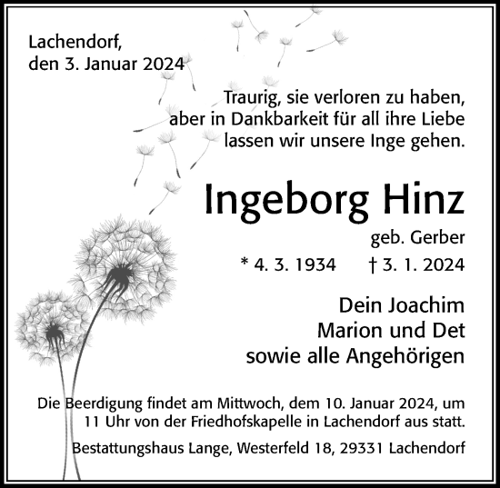 Traueranzeige von Ingeborg Hinz von Cellesche Zeitung