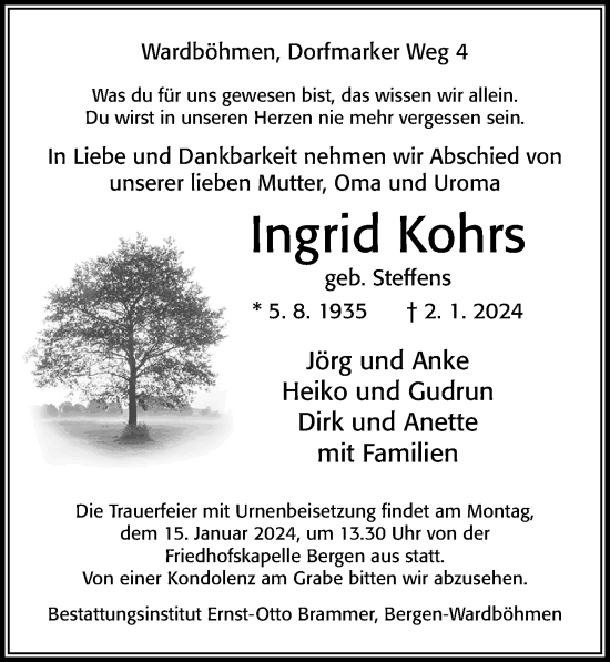 Traueranzeige von Ingrid Kohrs von Cellesche Zeitung