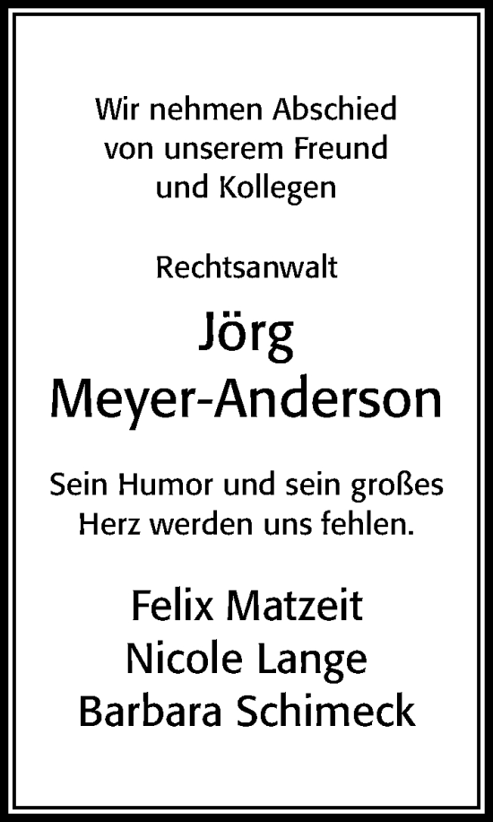Traueranzeige von Jörg Meyer-Anderson von Cellesche Zeitung