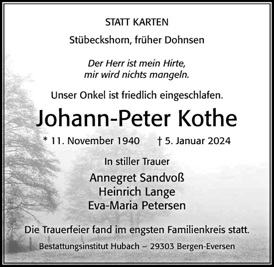 Traueranzeige von Johann-Peter Kothe von Cellesche Zeitung