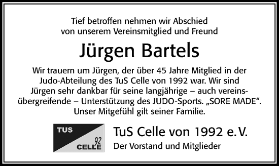 Traueranzeige von Jürgen Bartels von Cellesche Zeitung