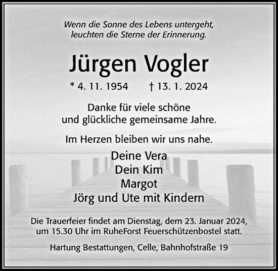 Traueranzeige von Jürgen Vogler von Cellesche Zeitung