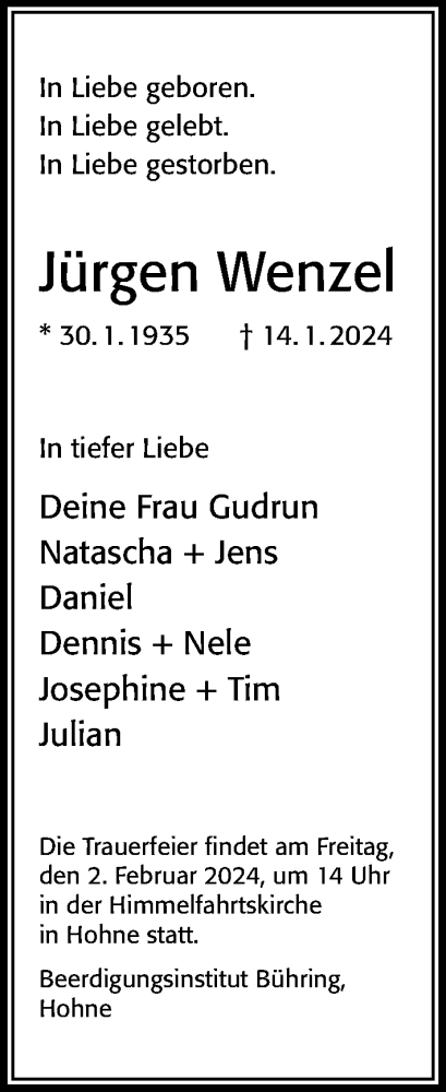 Traueranzeige von Jürgen Wenzel von Cellesche Zeitung