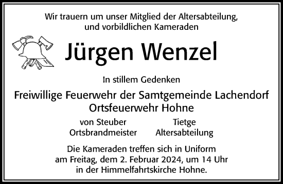 Traueranzeige von Jürgen Wenzel von Cellesche Zeitung