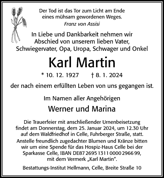 Traueranzeigen von Karl Martin | Trauerportal der Celleschen Zeitung