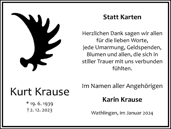 Traueranzeige von Kurt Krause von Cellesche Zeitung