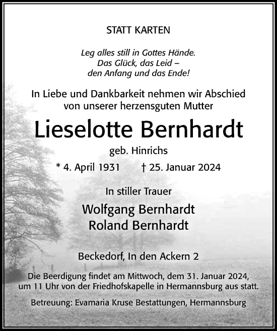 Traueranzeige von Lieselotte Bernhardt von Cellesche Zeitung
