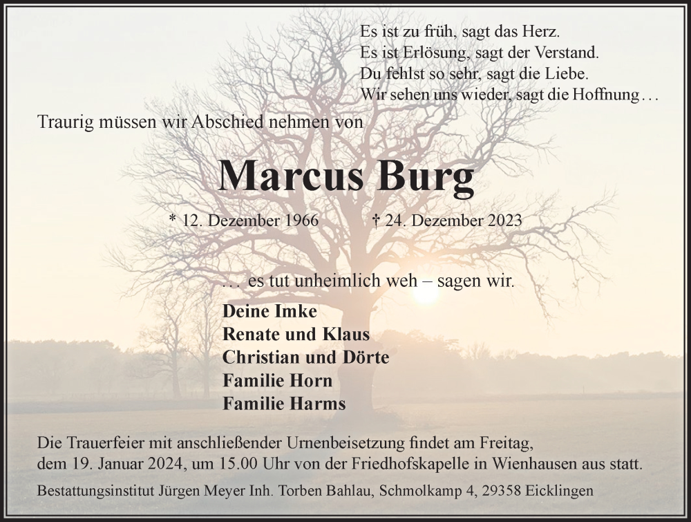  Traueranzeige für Marcus Burg vom 06.01.2024 aus Cellesche Zeitung