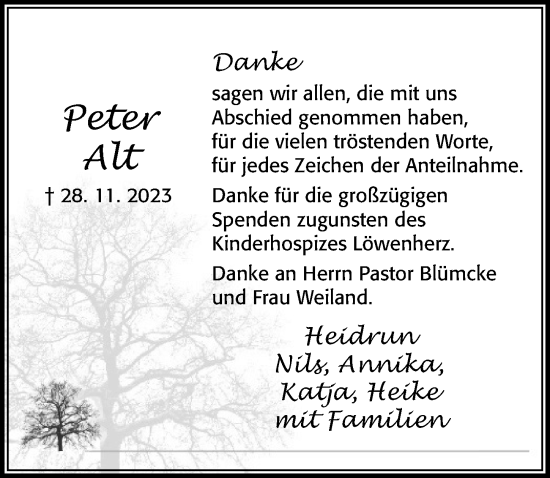 Traueranzeige von Peter Alt von Cellesche Zeitung