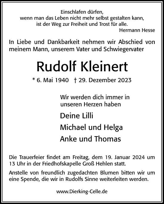 Traueranzeige von Rudolf Kleinert von Cellesche Zeitung