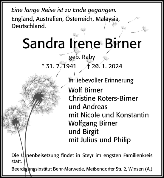 Traueranzeige von Sandra Irene Birner von Cellesche Zeitung