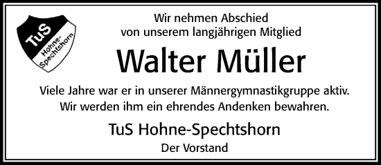 Traueranzeige von Walter Müller von Cellesche Zeitung